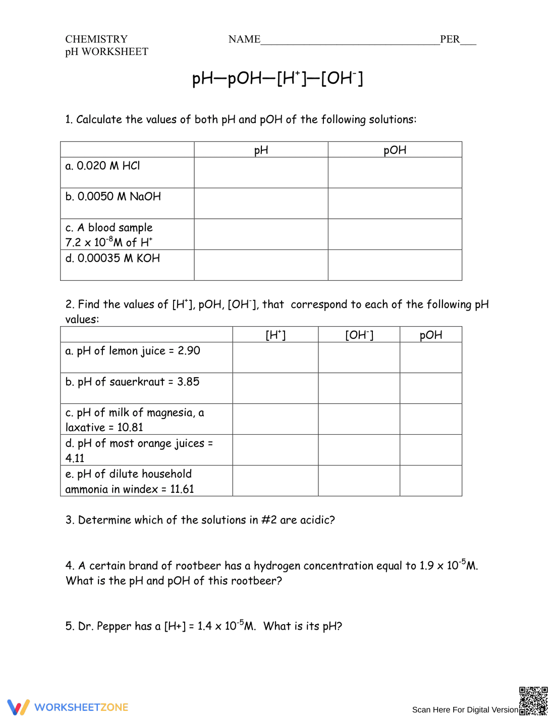 Mastering pH and pOH Calculations: A Chemistry Worksheet - Page 1
