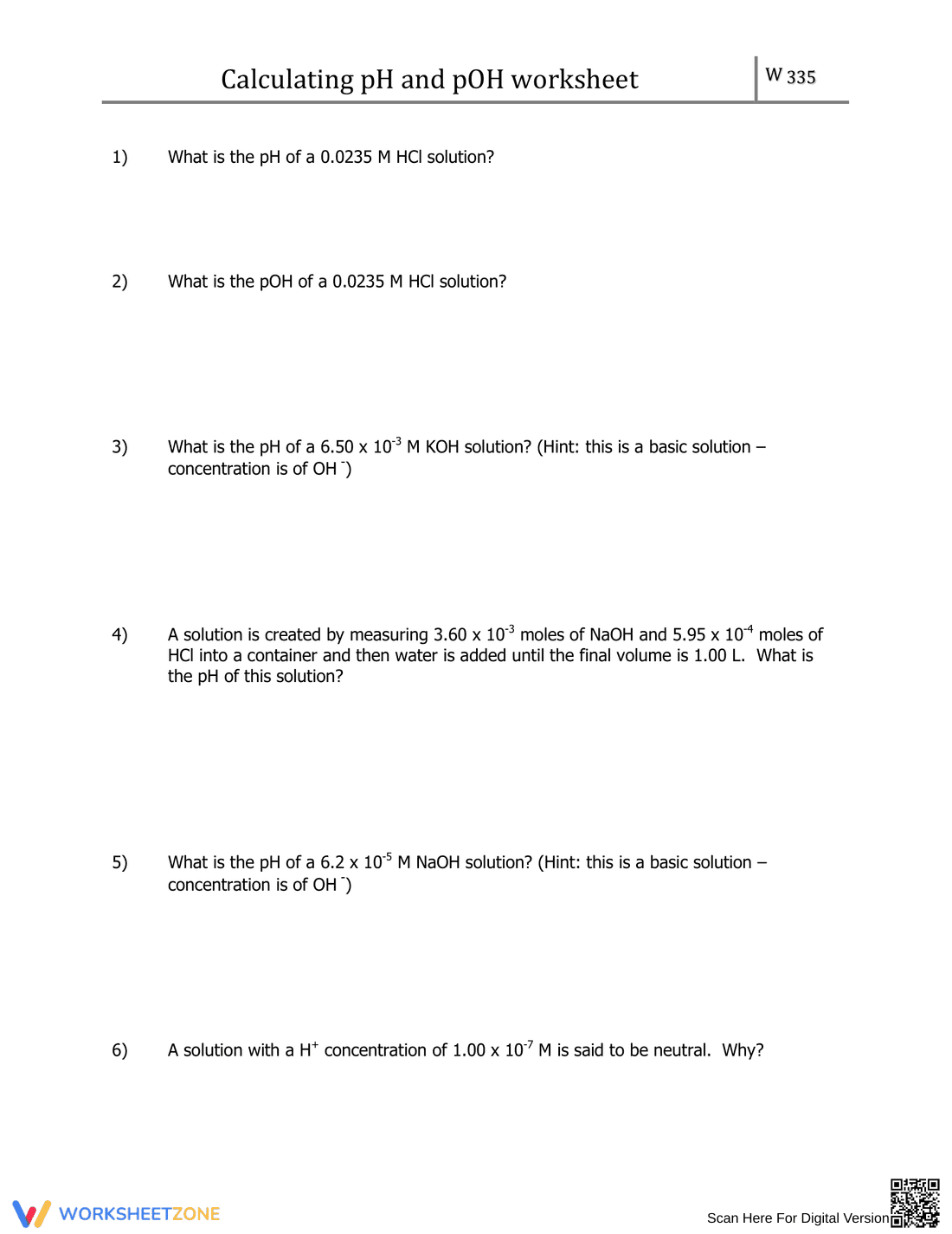 Worksheet: Calculating pH and pOH for Chemistry Students - Page 1