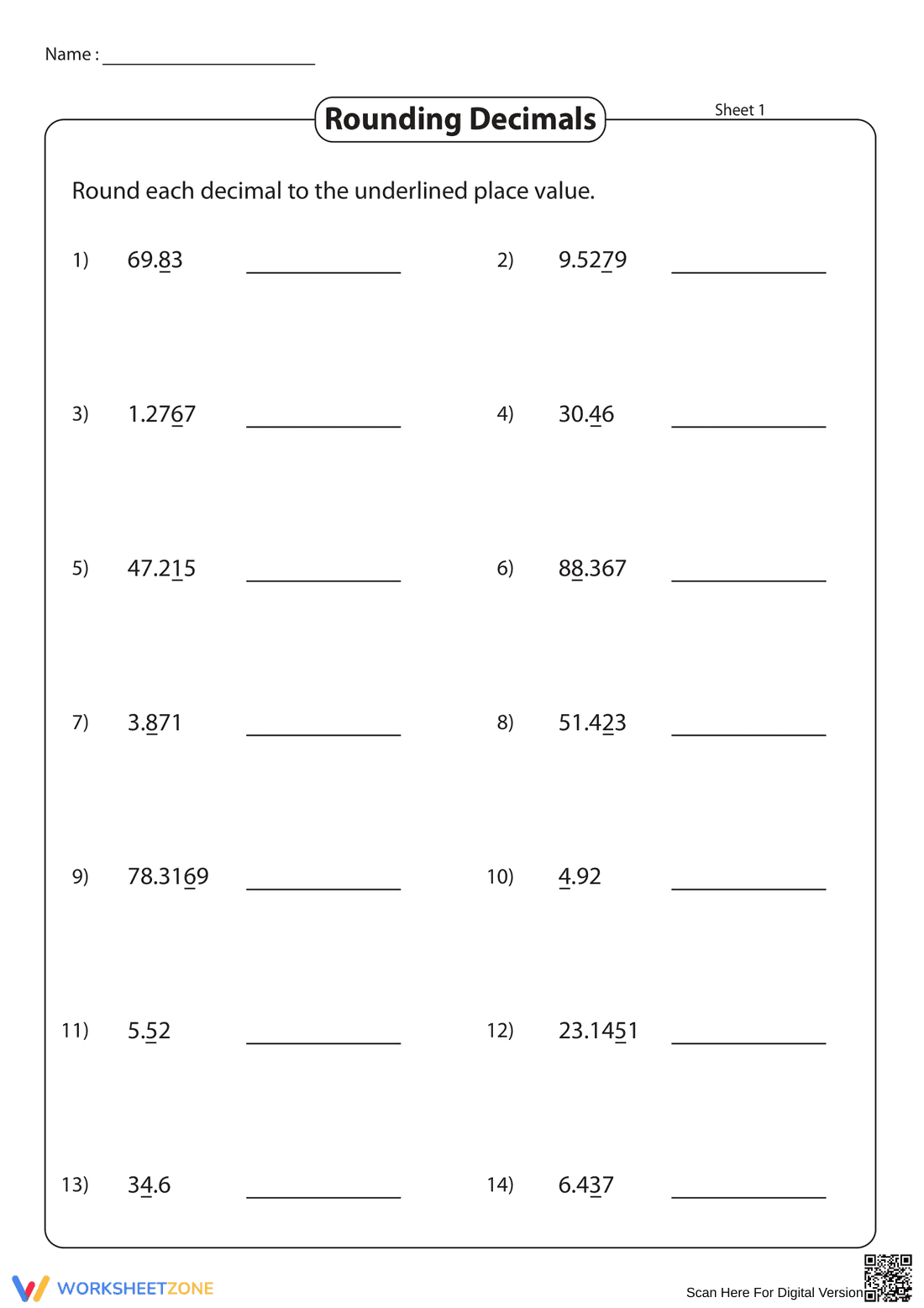 Rounding Decimals 2: Practice Math Skills Worksheet - Page 1