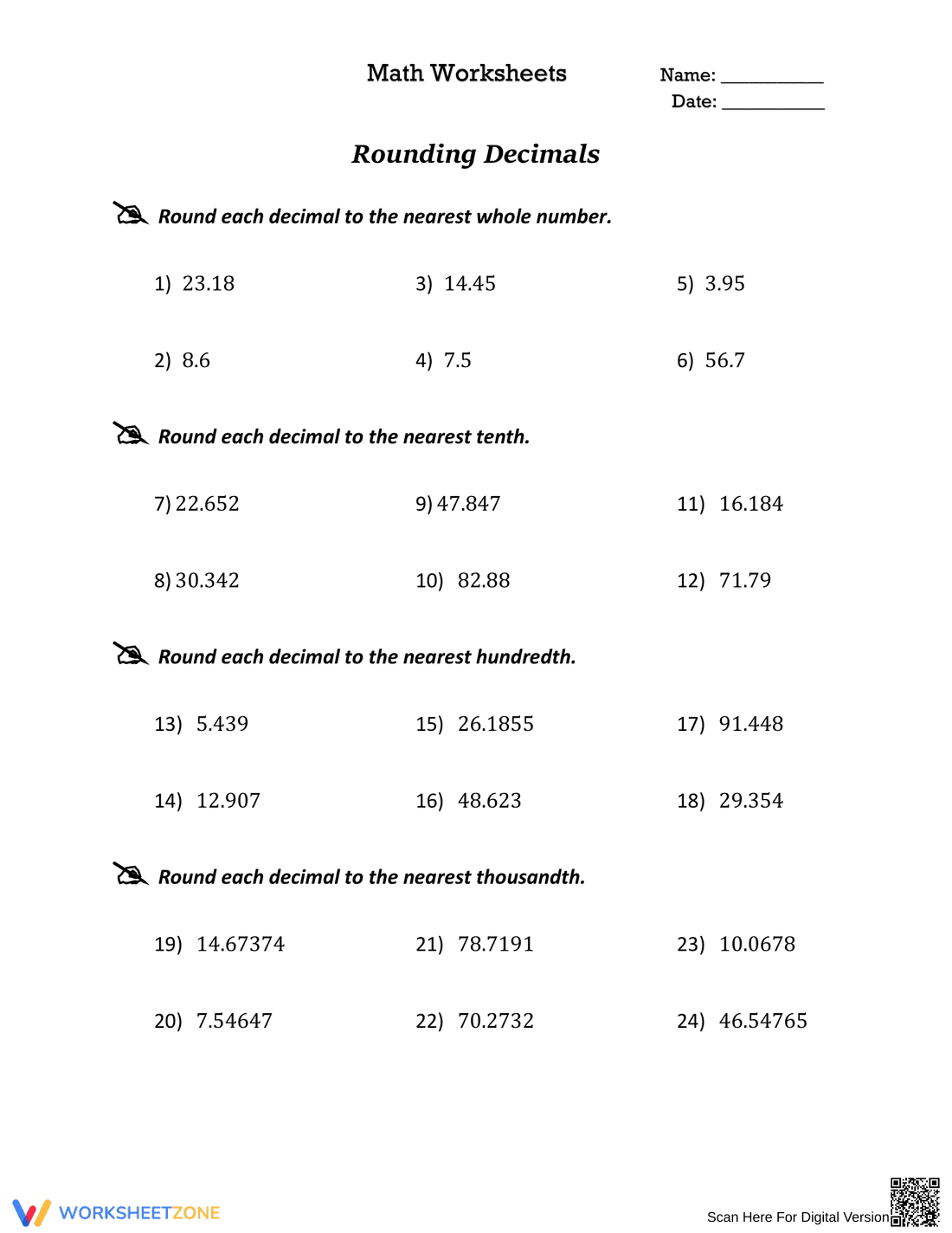 Rounding Decimals 3: Math Practice Skills Worksheet - Page 1