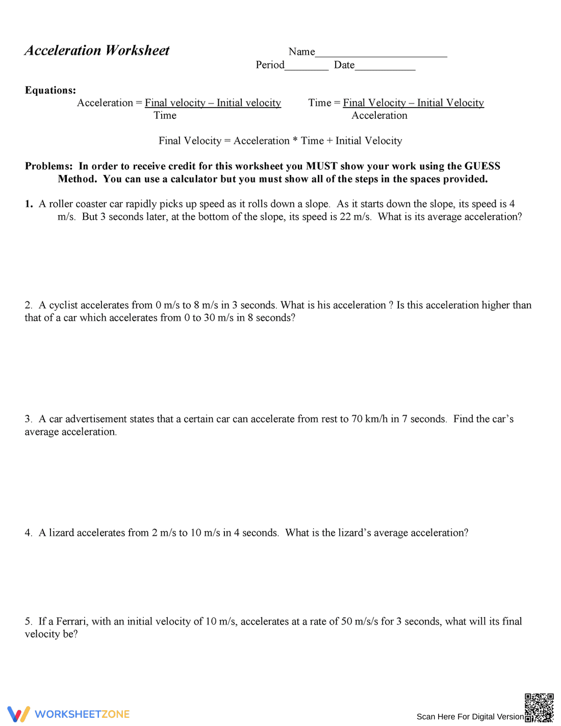 Accelerate Worksheet: Physics Practice Problems - Page 1