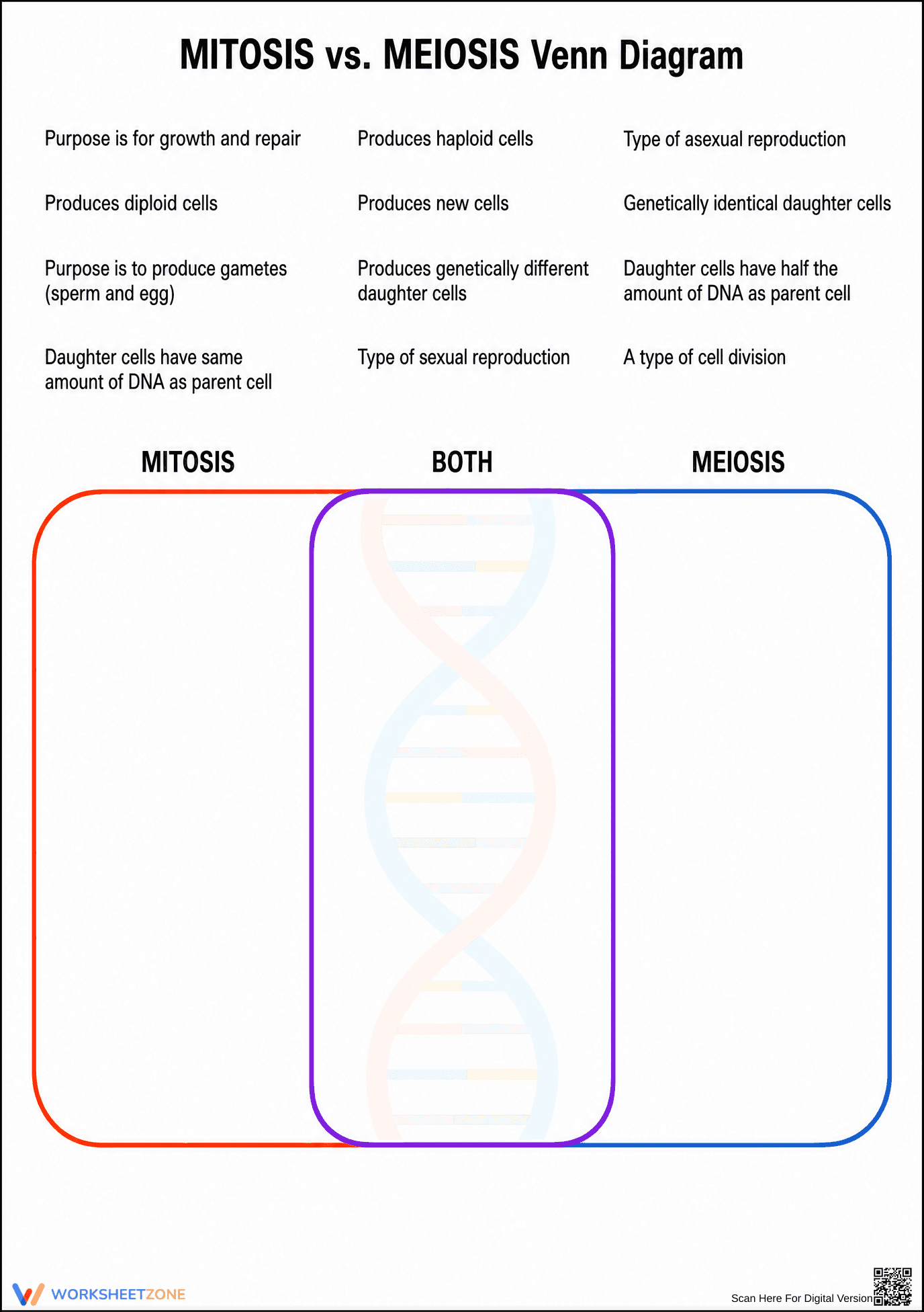 Printable Mitosis vs Meiosis Venn Diagram | Grade 9-12 - Page 1
