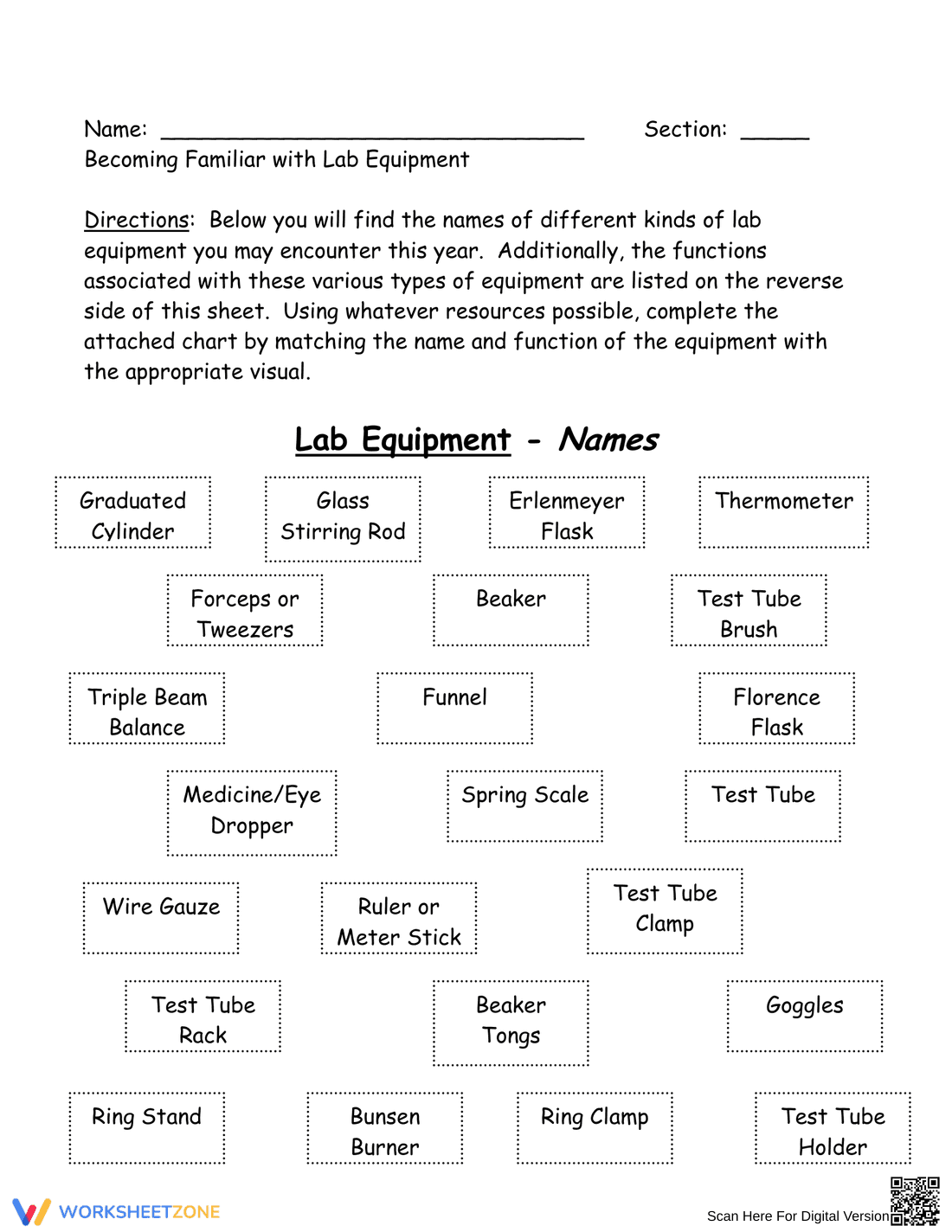 Becoming Familiar with Lab Equipment Worksheet - Page 1