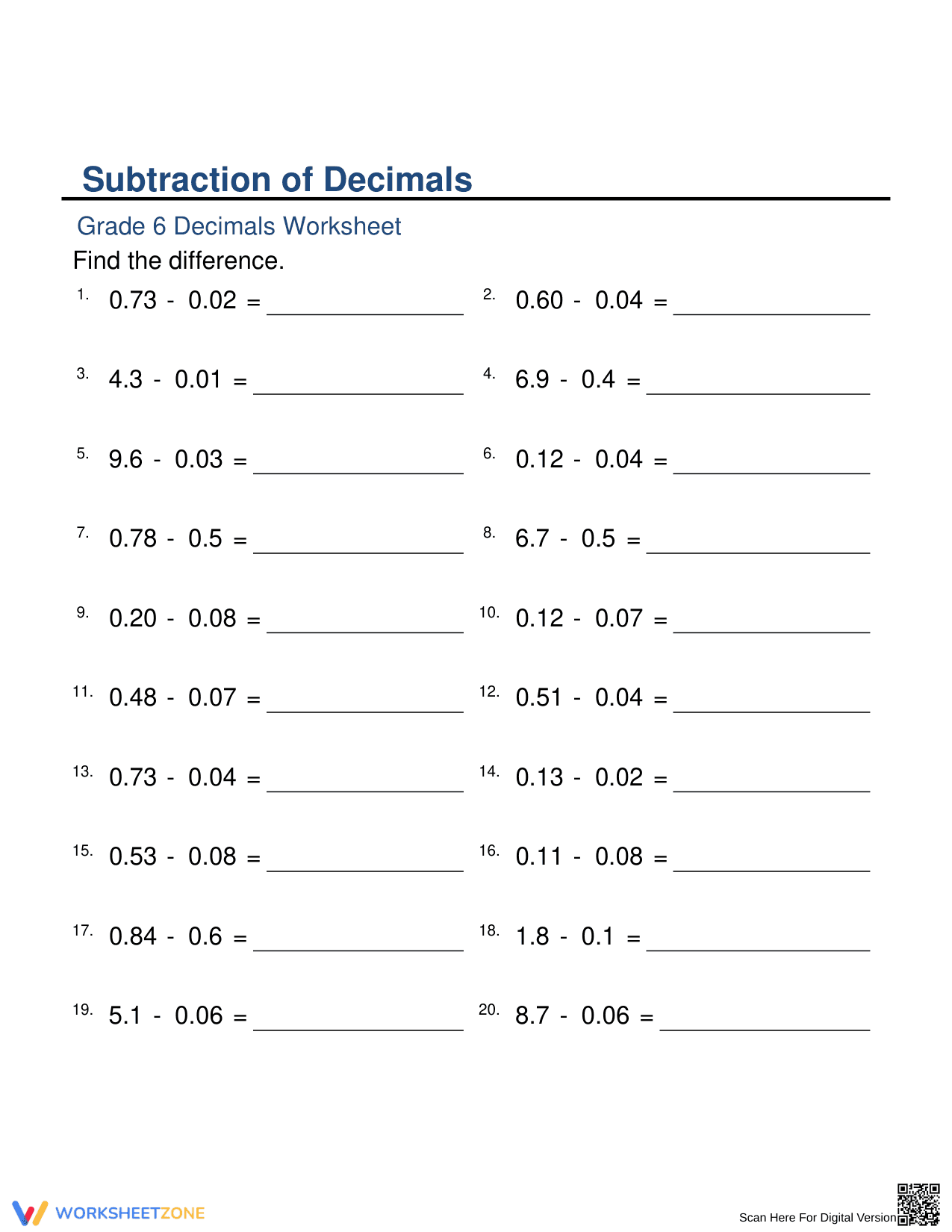 Subtraction of Decimals Practice Problems - Page 1