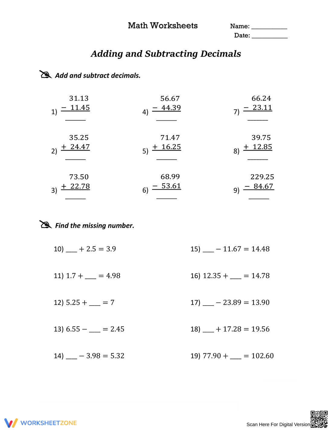 Decimal Addition & Subtraction - Page 1