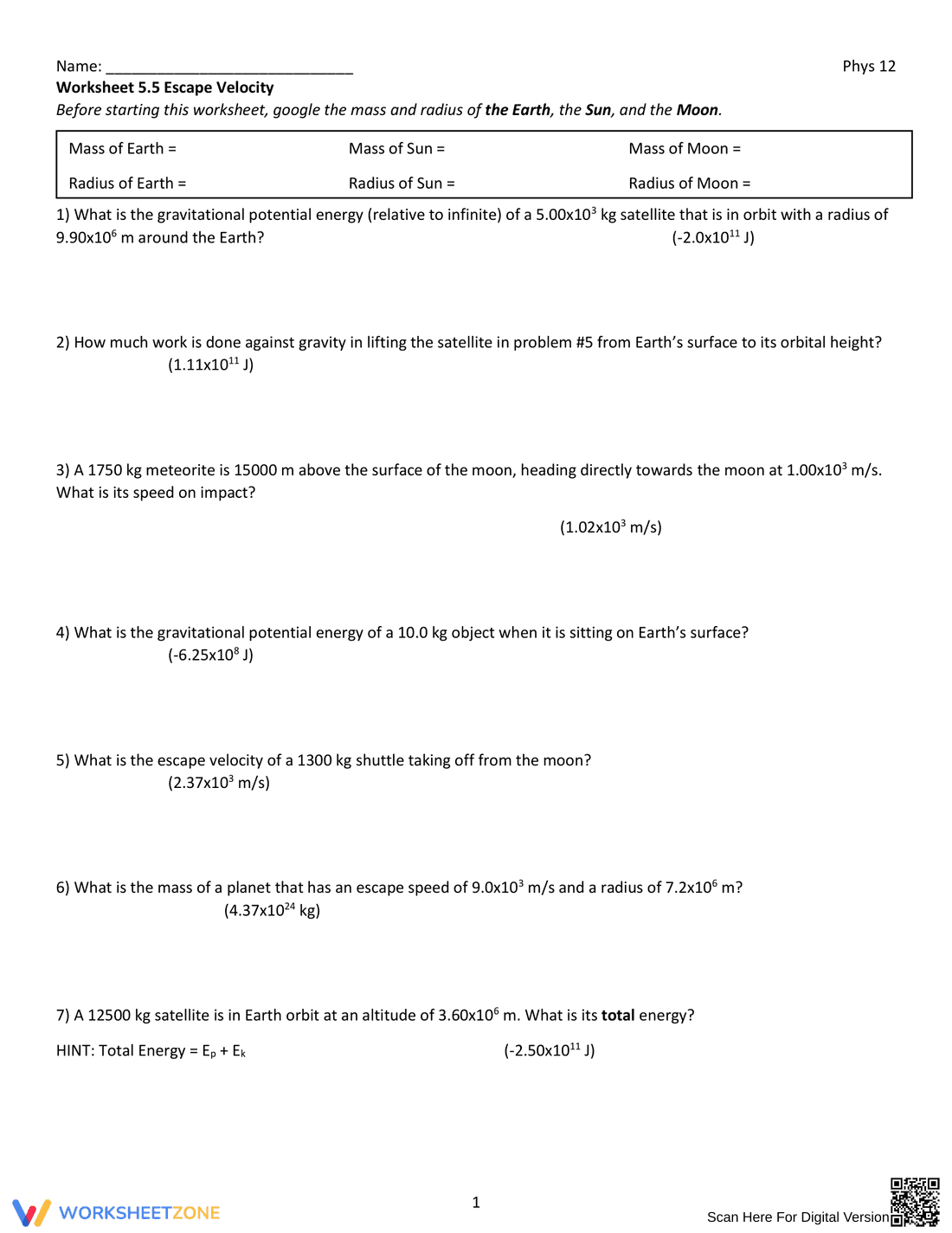 Escape Velocity Worksheet - Page 1