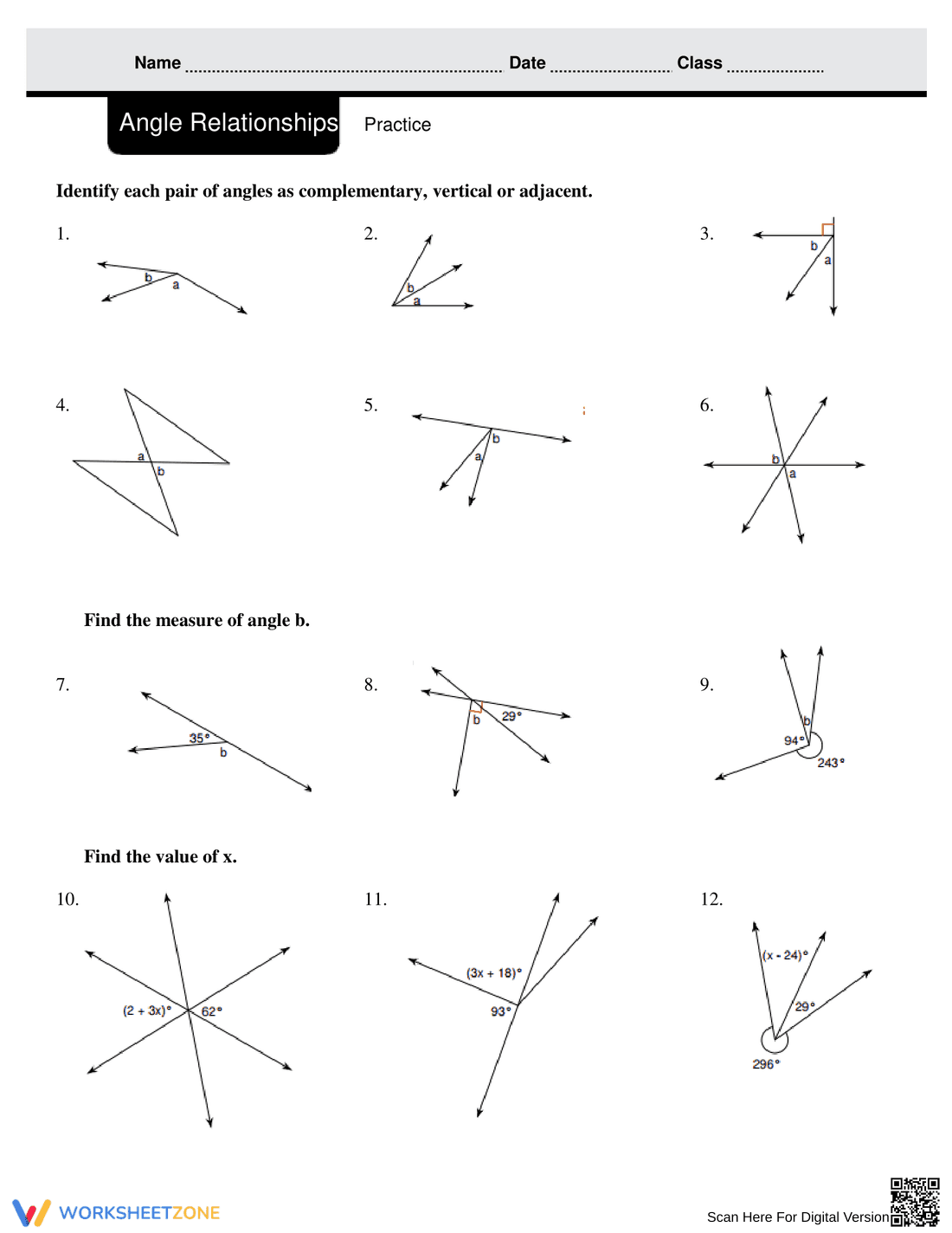 Angle Relationships Practice Worksheet 2 - Page 1