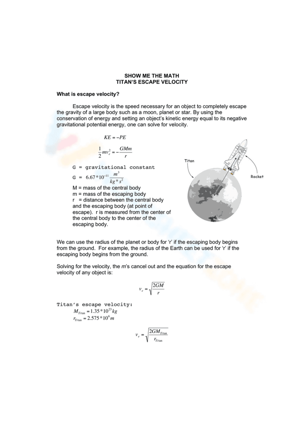 Titans Escape Velocity Worksheet - Page 1