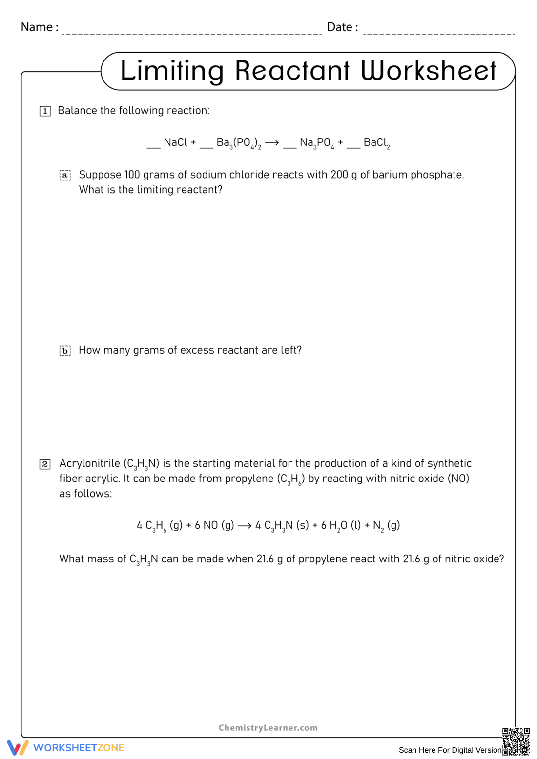 Limiting Reactant Example Worksheet - Page 1