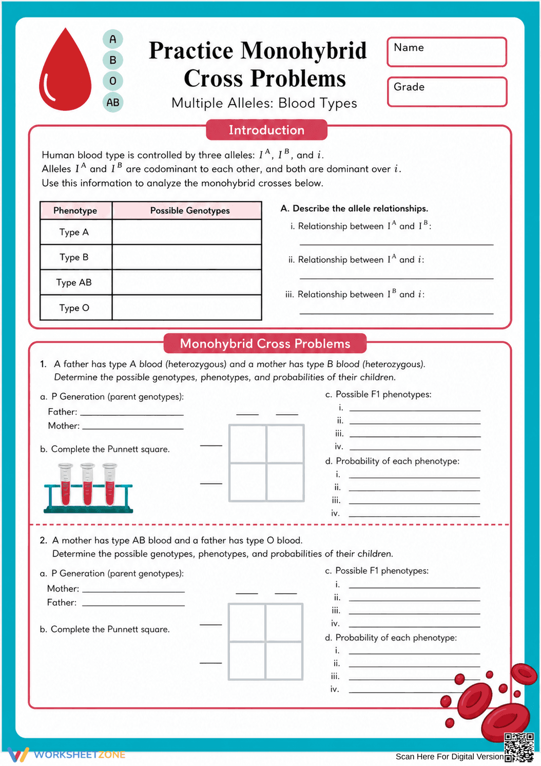 Printable Blood Type Genetics Worksheet | Grade 9 Biology - Page 1