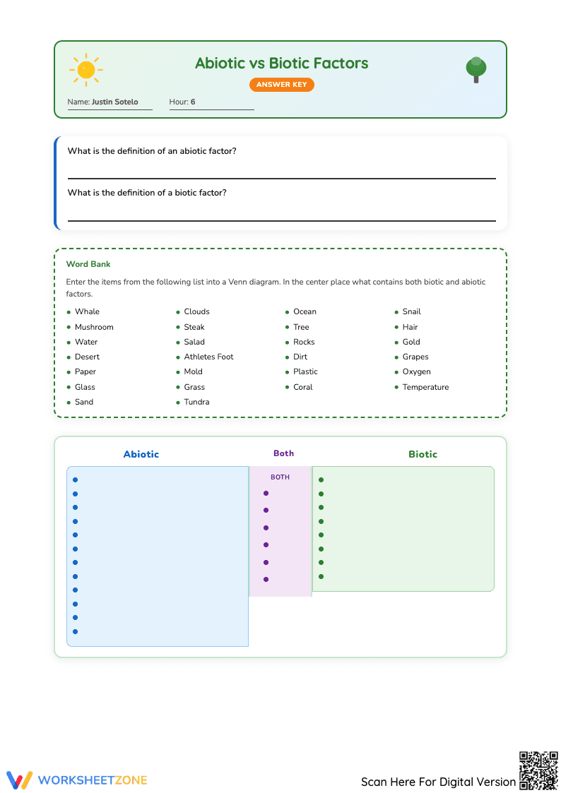 Abiotic vs. Biotic Factors Worksheet with Answer Key - Page 1