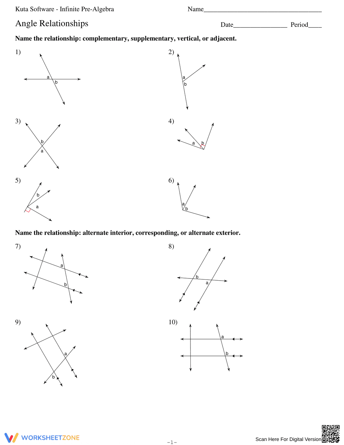 Angle Relationships Practice Worksheet - Page 1
