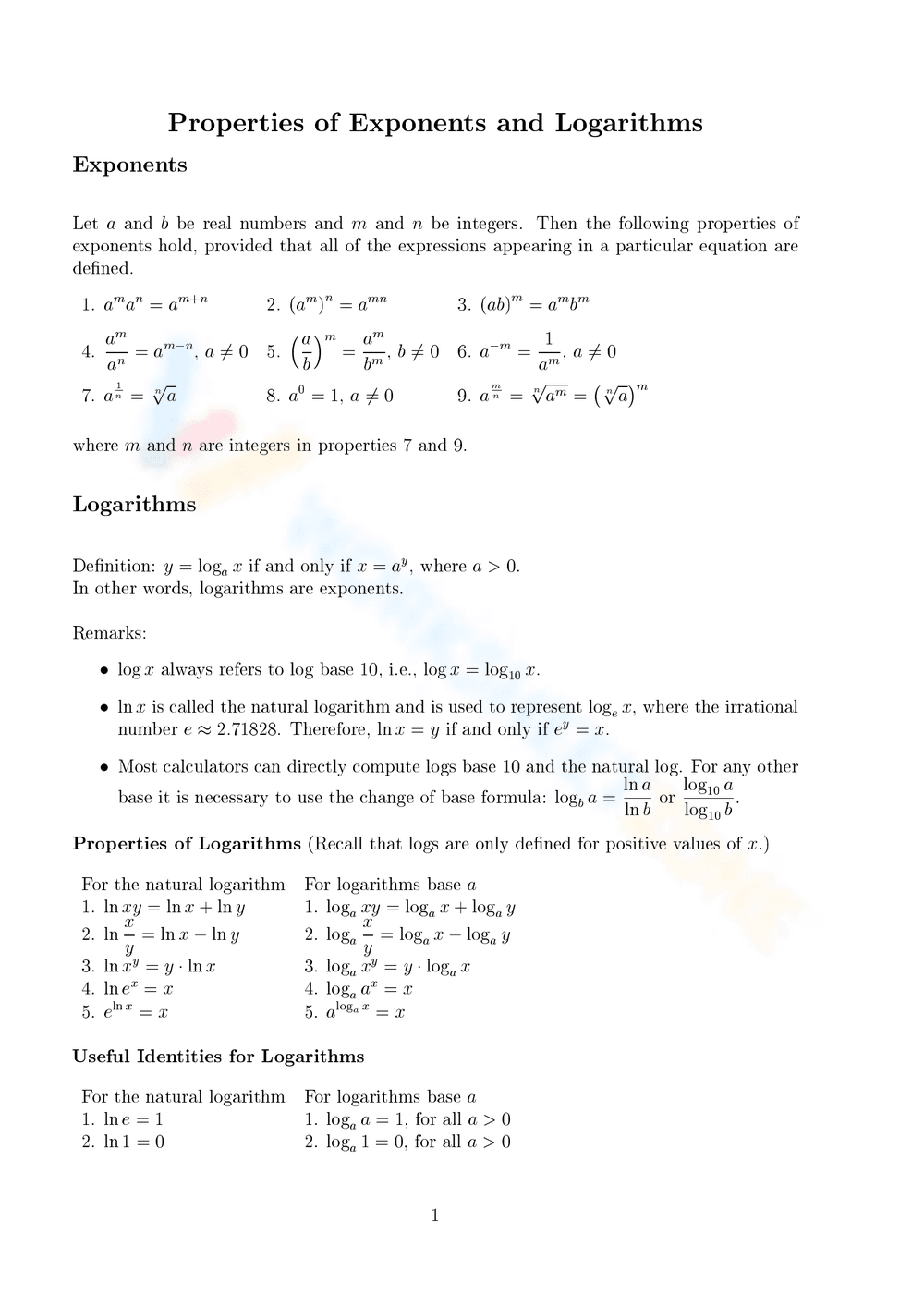 Properties of Exponents & Logarithms - Page 1