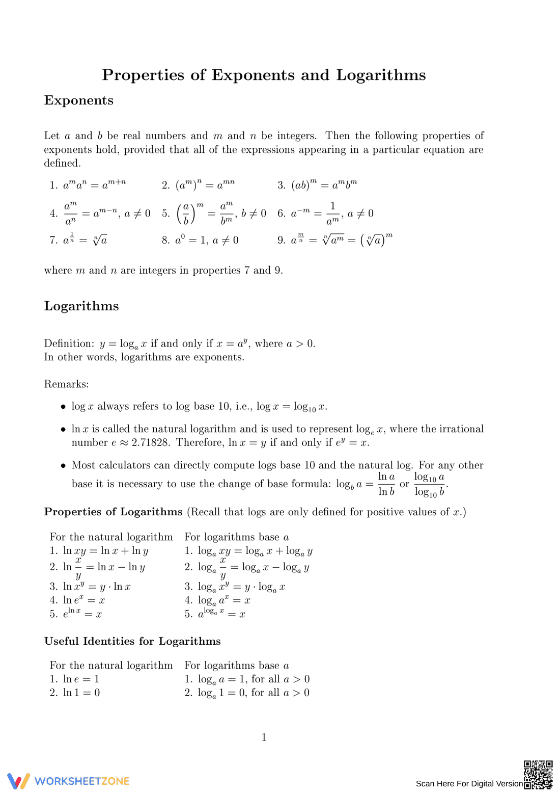 Properties of Exponents & Logarithms - Page 1