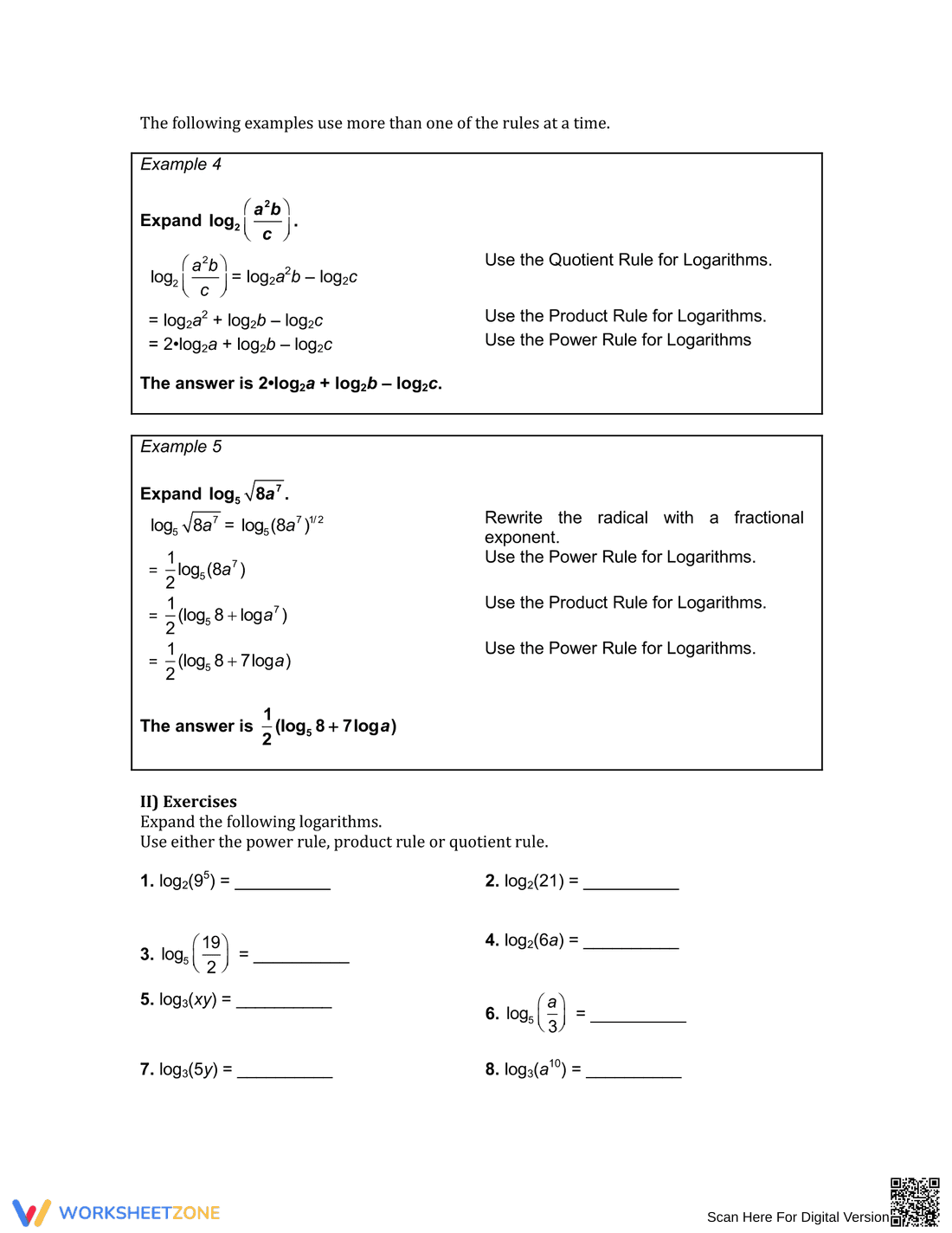 Practice with Logarithm Properties - Page 1