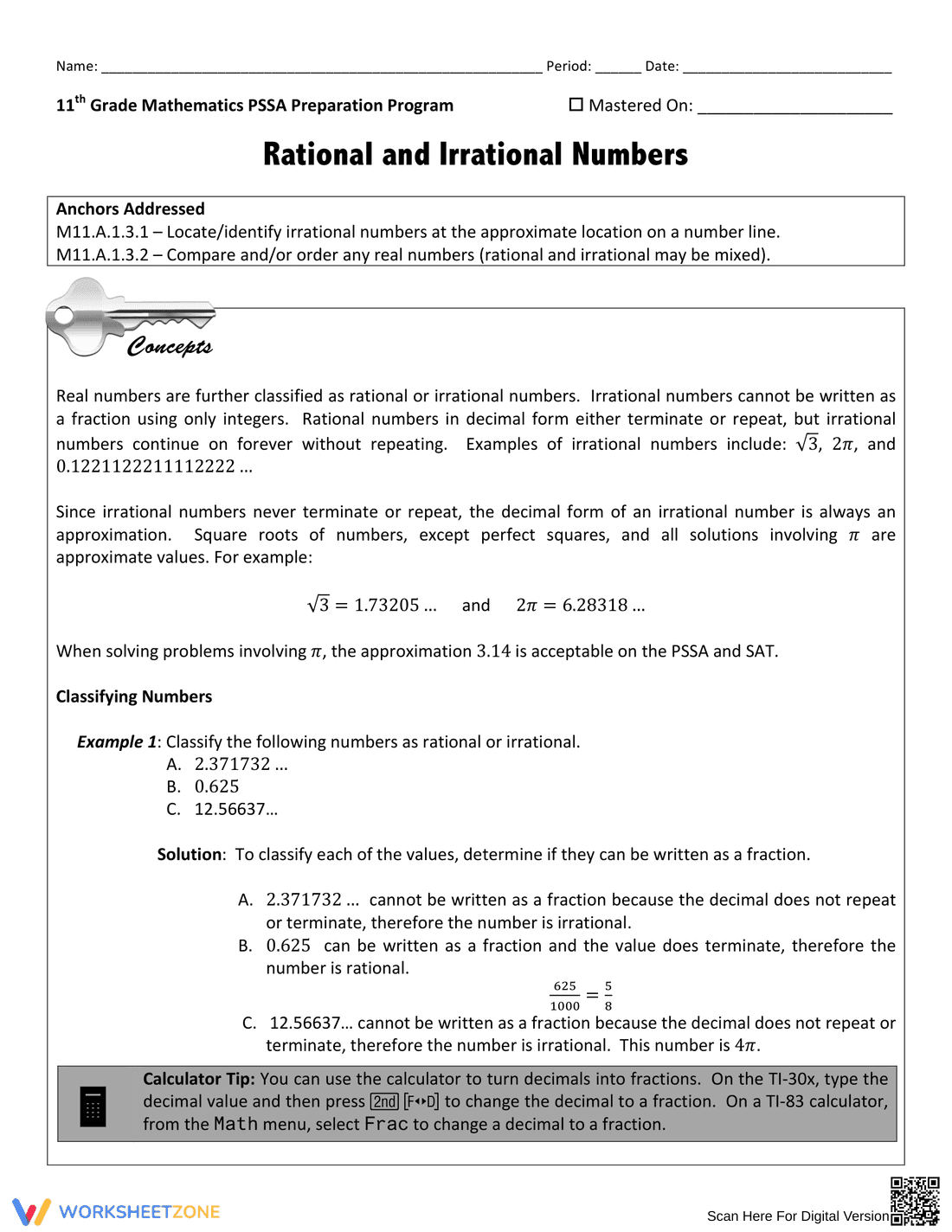 Work with Rational and Irrational Numbers - Page 1