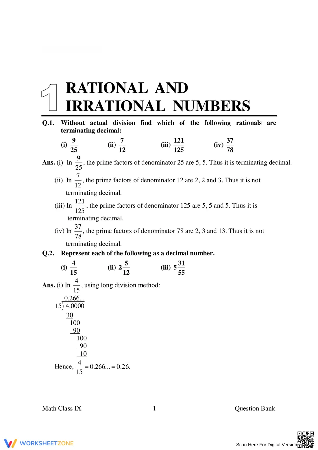 Worksheet on Rational and Irrational Numbers - Page 1