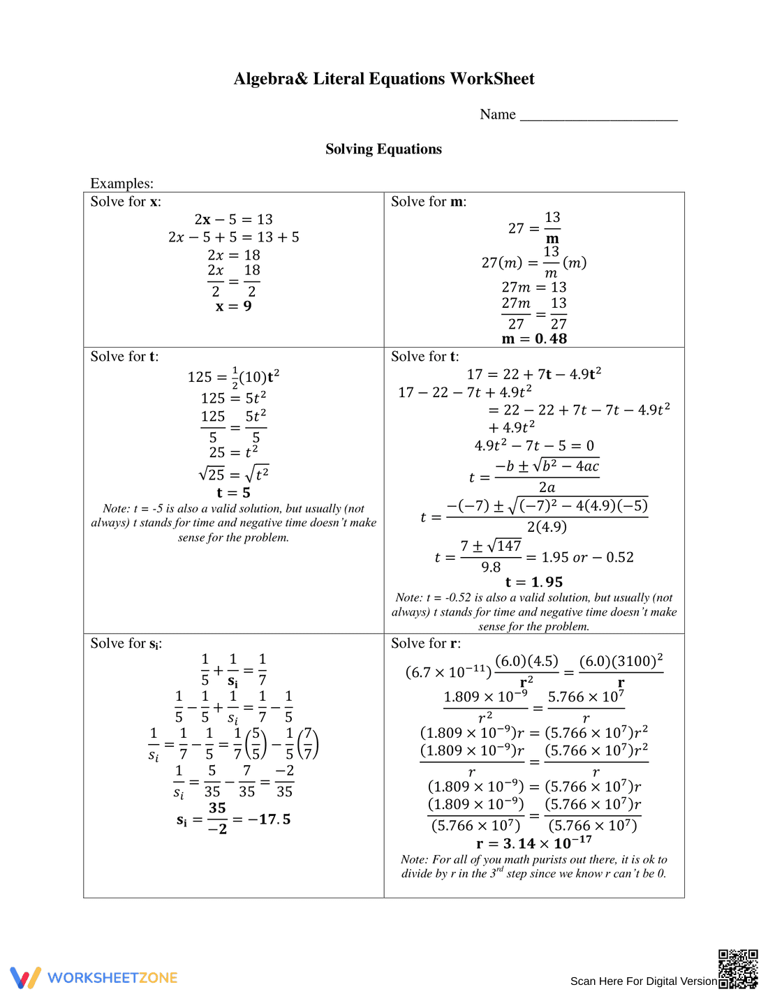 Algebra: Solving Literal Equations Worksheet - Page 1
