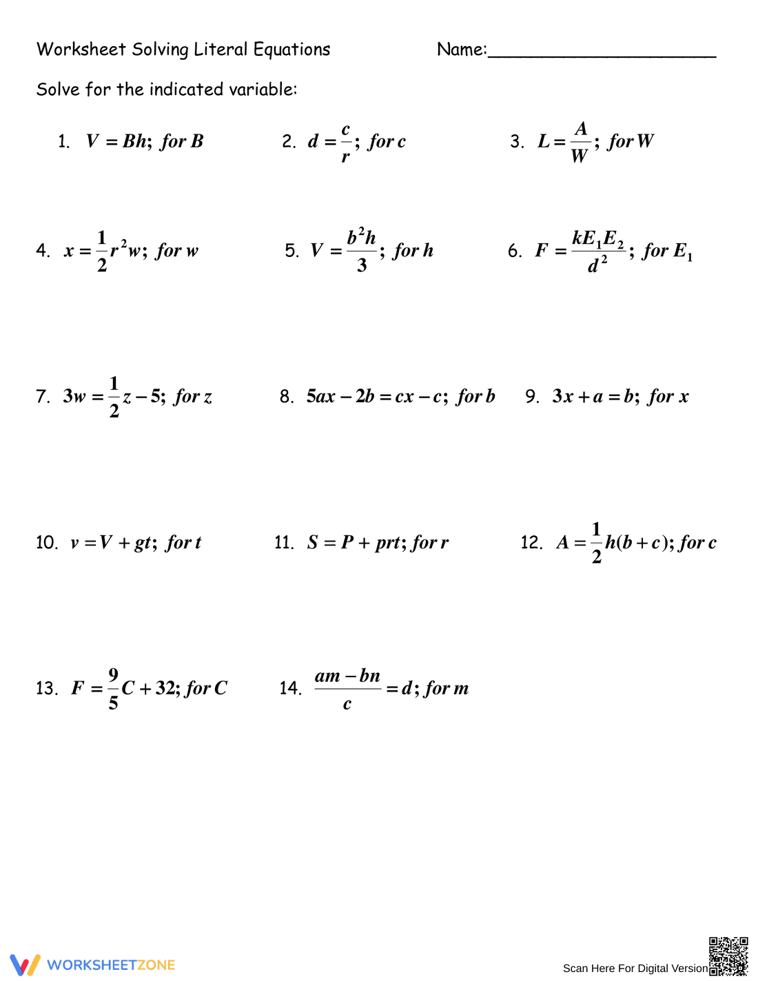 Worksheet on Solving Literal Equations - Page 1