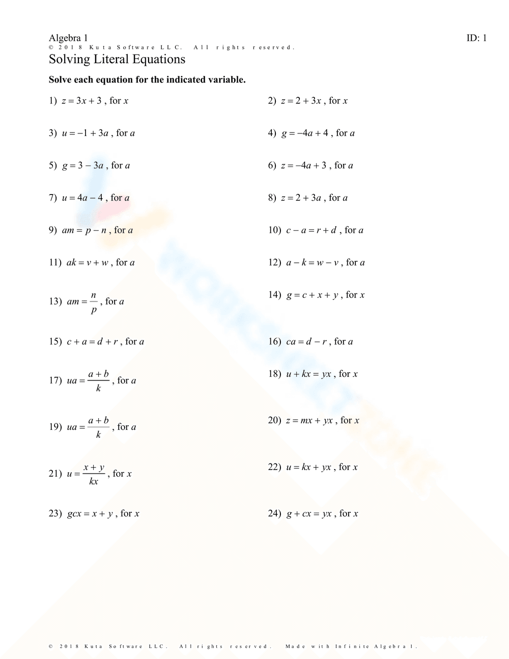 Solving Literal Equations 1 Worksheet - Page 1