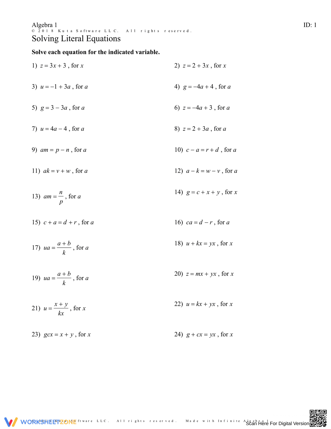 Solving Literal Equations 1 Worksheet - Page 1