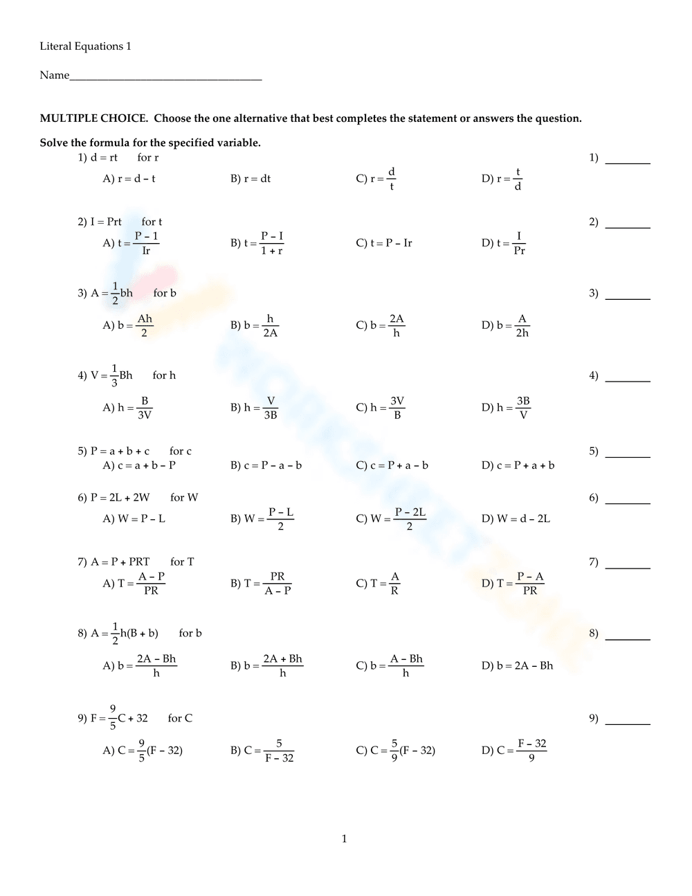 Solving Literal Equations Worksheet 2 - Page 1