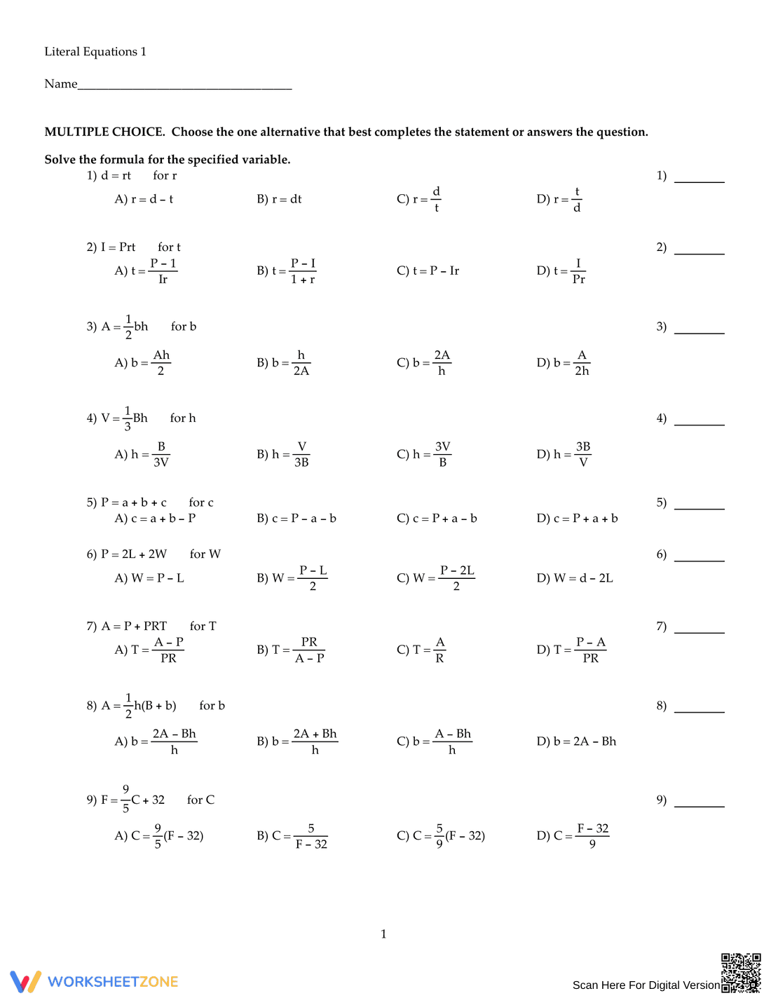 Solving Literal Equations Worksheet 2 - Page 1