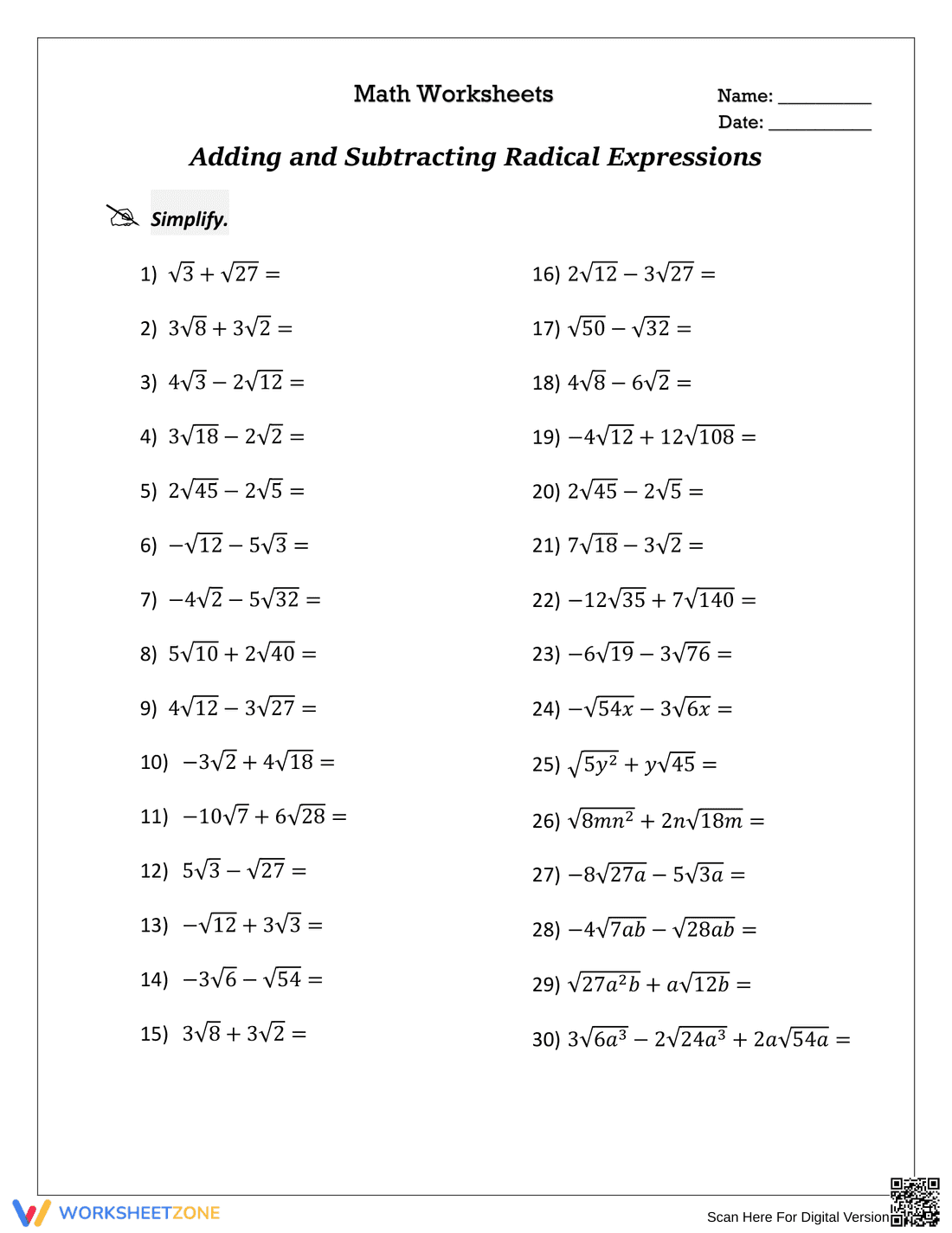 Adding and Subtracting Radical Expressions Worksheet - Page 1