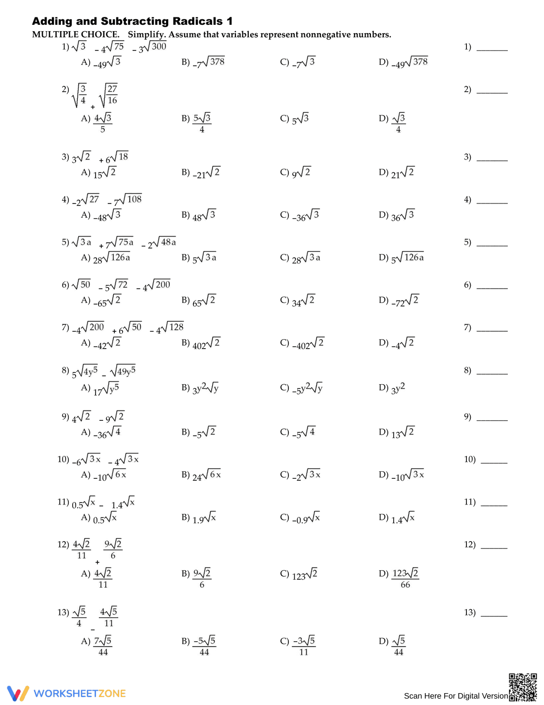 Adding and Subtracting Radicals Worksheet - Page 1