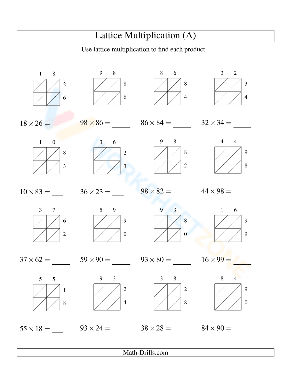 Lattice Multiplication A - Page 1