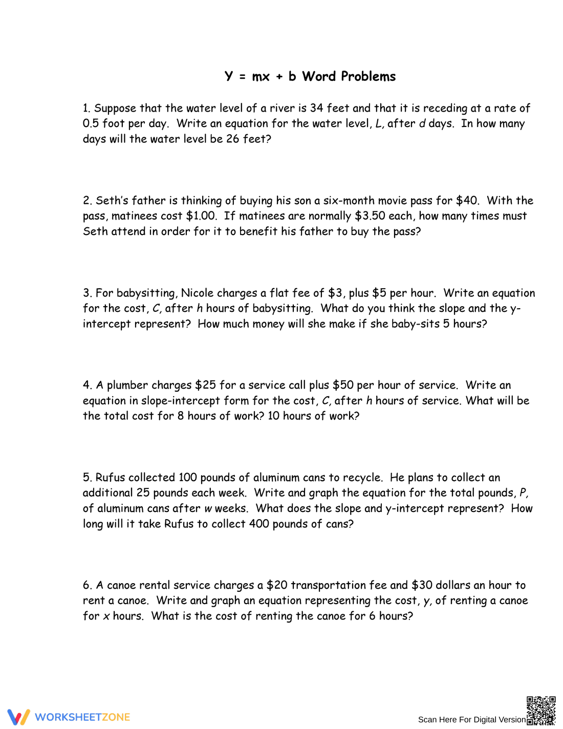 Y=mx+b Word Problems - Page 1