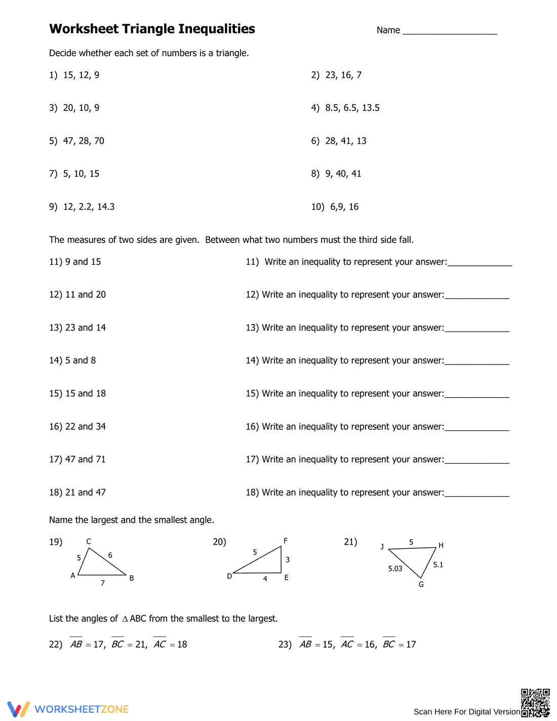 Triangle Inequalities Worksheet - Page 1