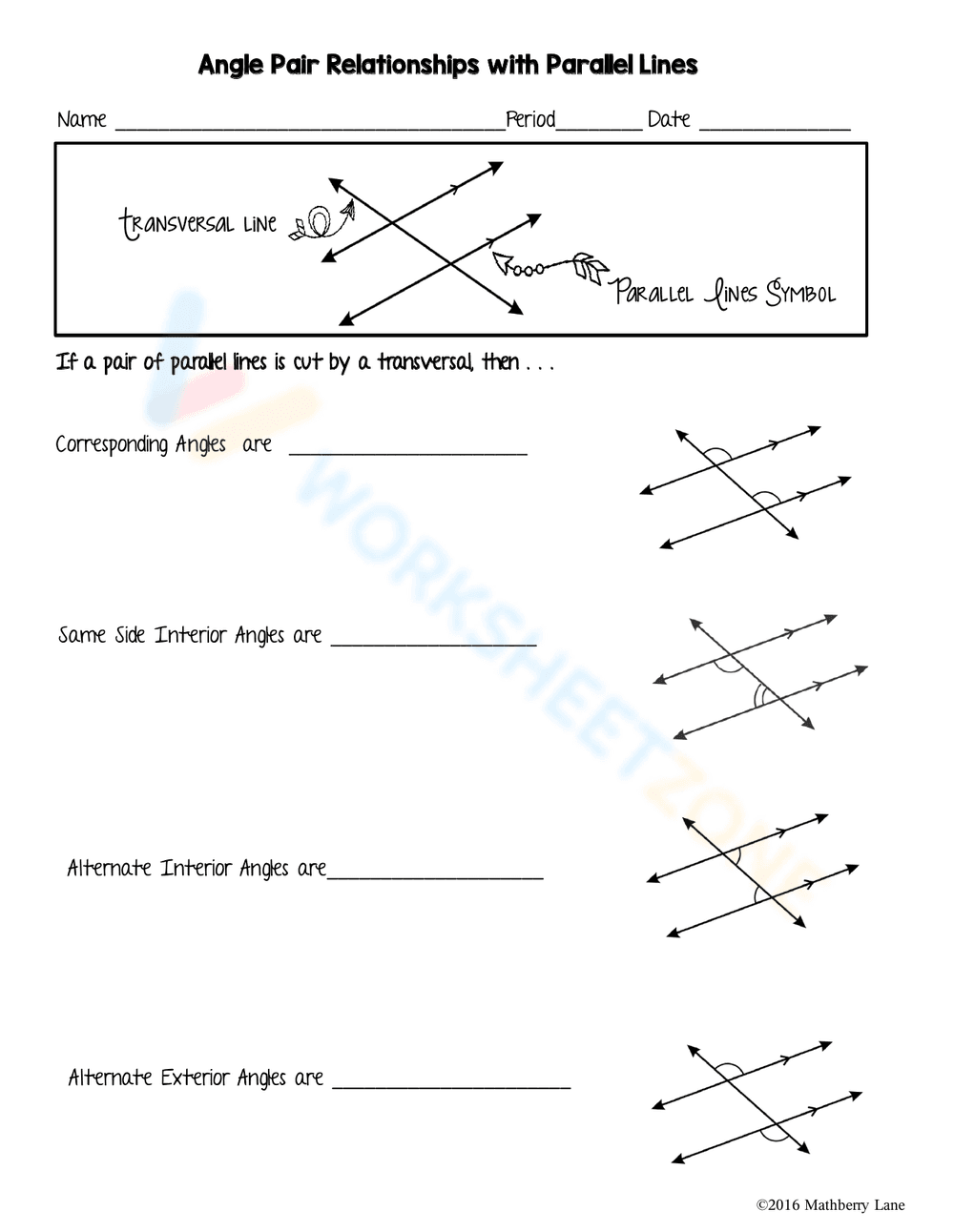 Identify Angle Pair Relationships in Parallel Lines - Page 1