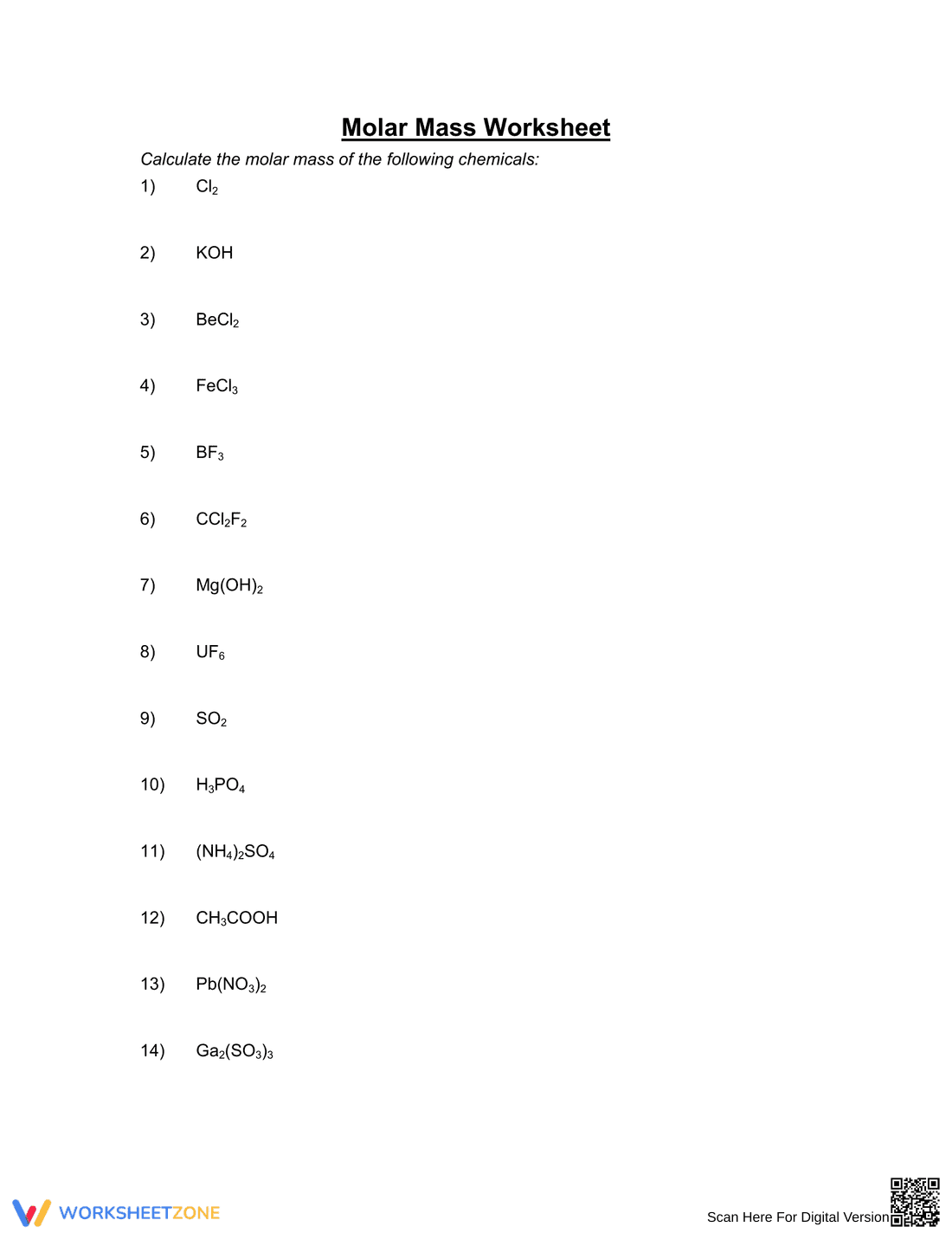 Molar Mass Worksheet - Page 1
