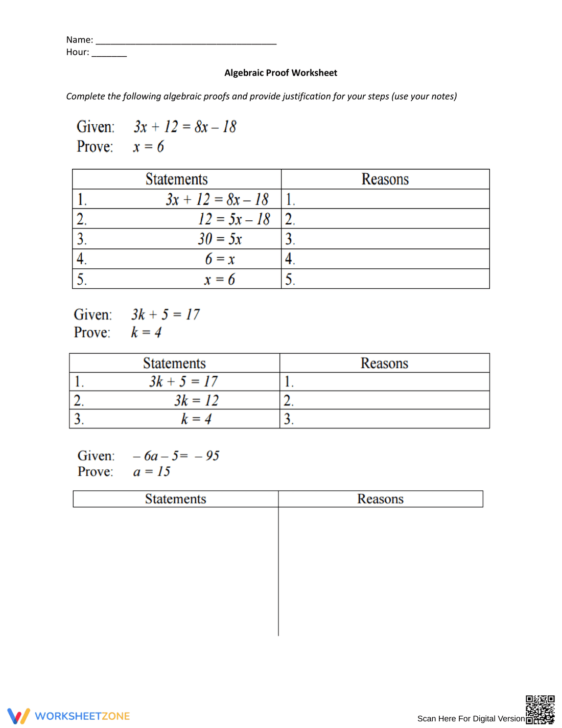 Practice Algebraic Proof with this Worksheet - Page 1