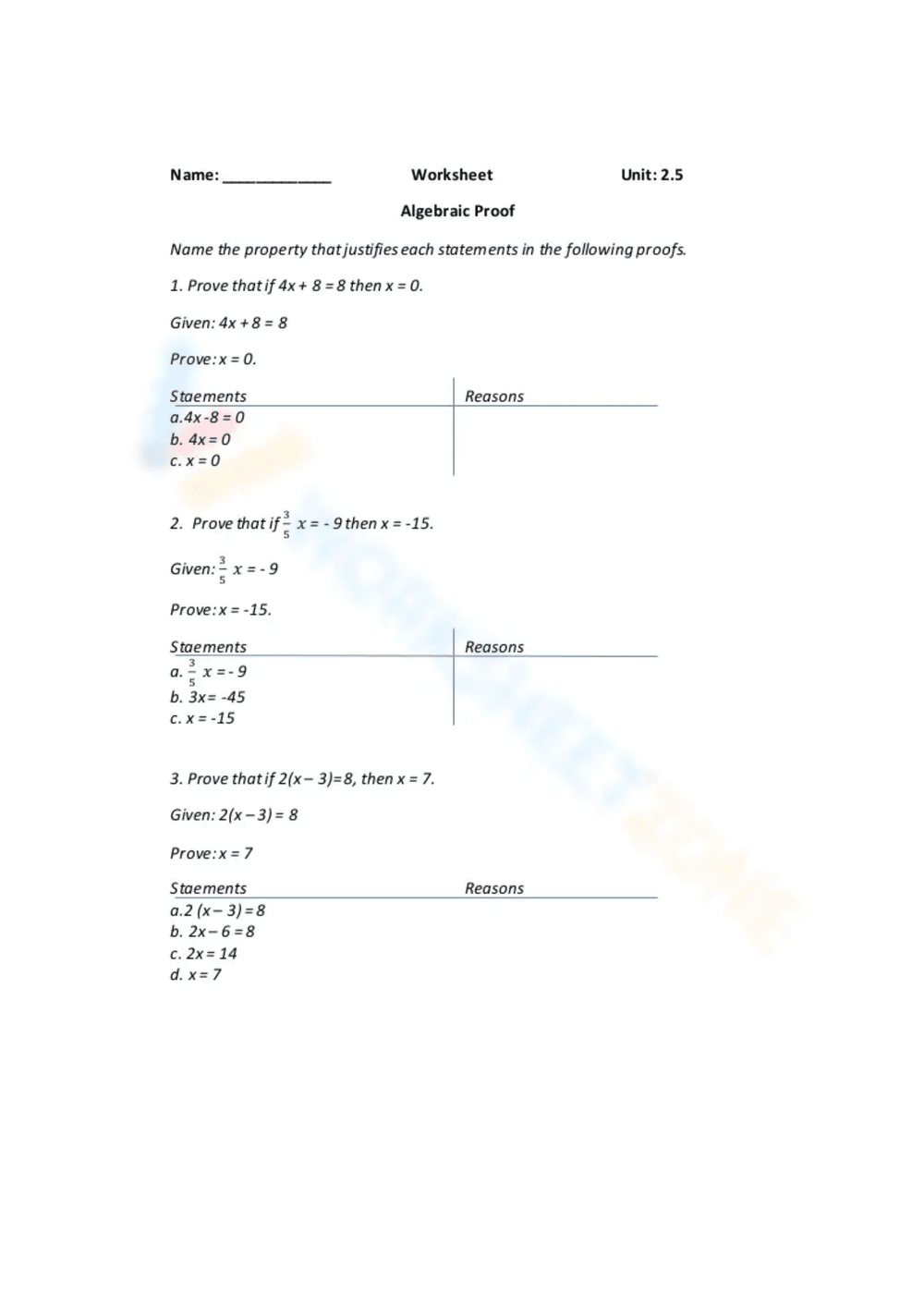 Worksheet for Understanding Algebraic Proof - Page 1