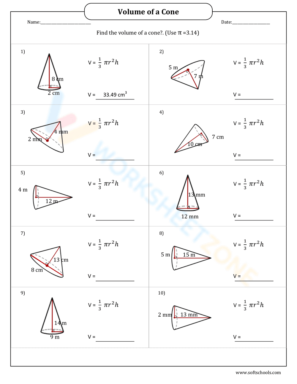 Advanced Volume of a Cone Practice - Page 1