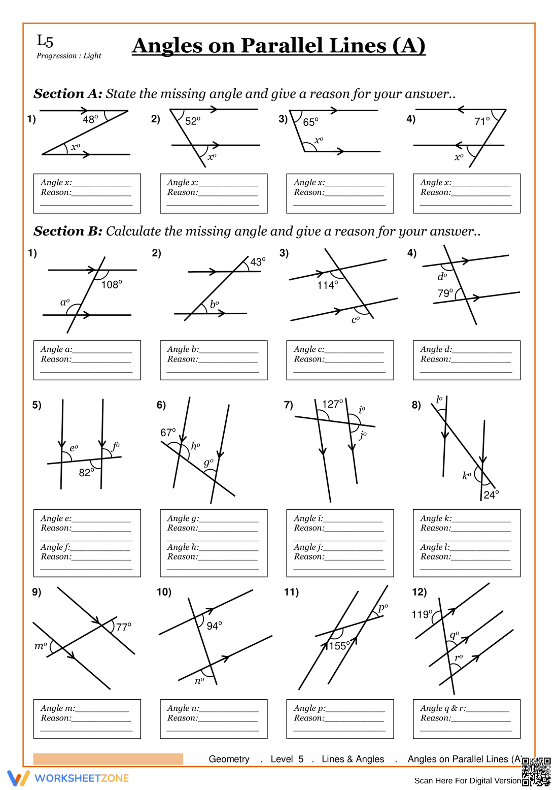Angles on Parallel Lines Worksheet | Grade 7 Essential - Page 1