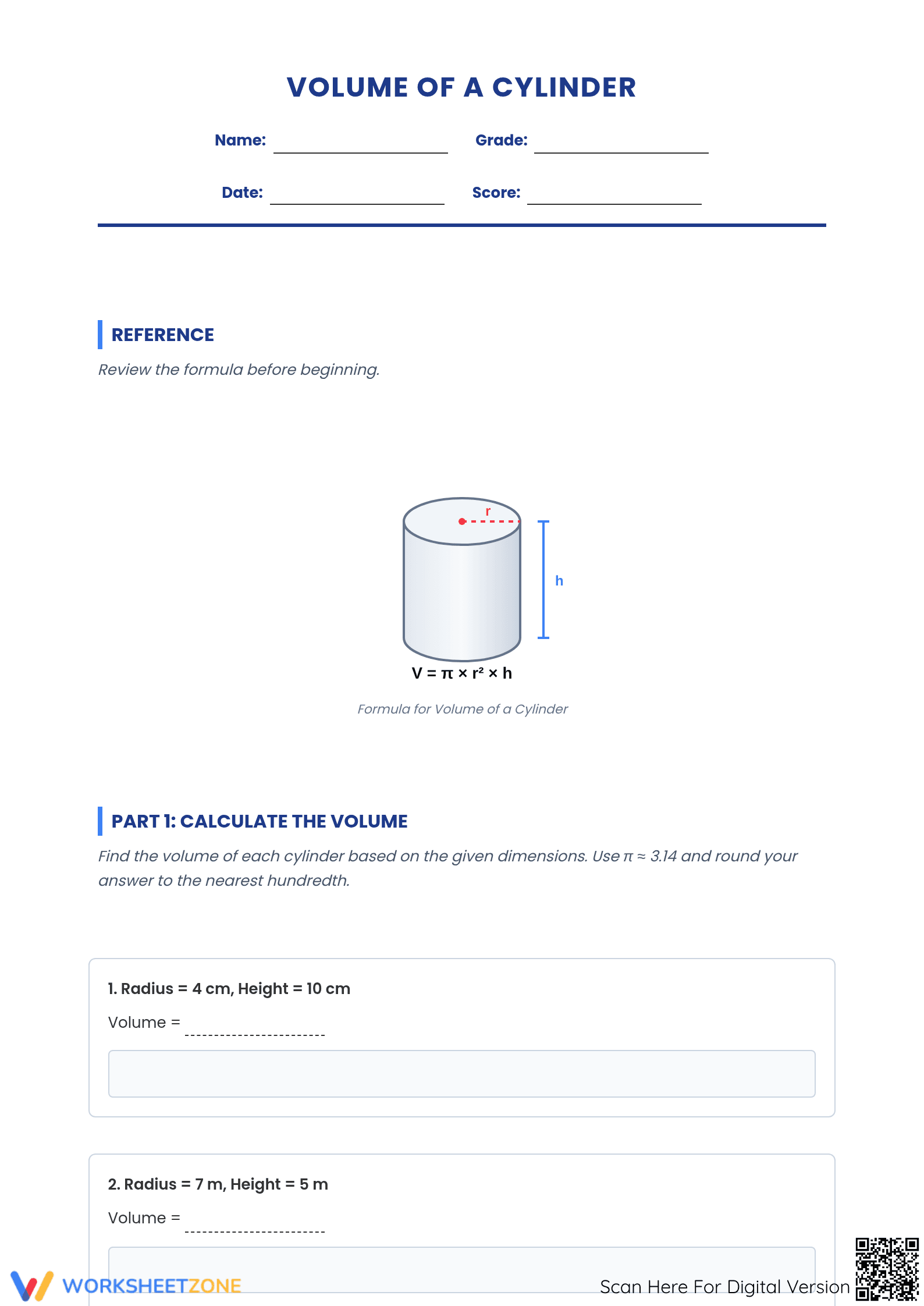 Essential Volume of a Cylinder Worksheet | Grade 7 Math - Page 1