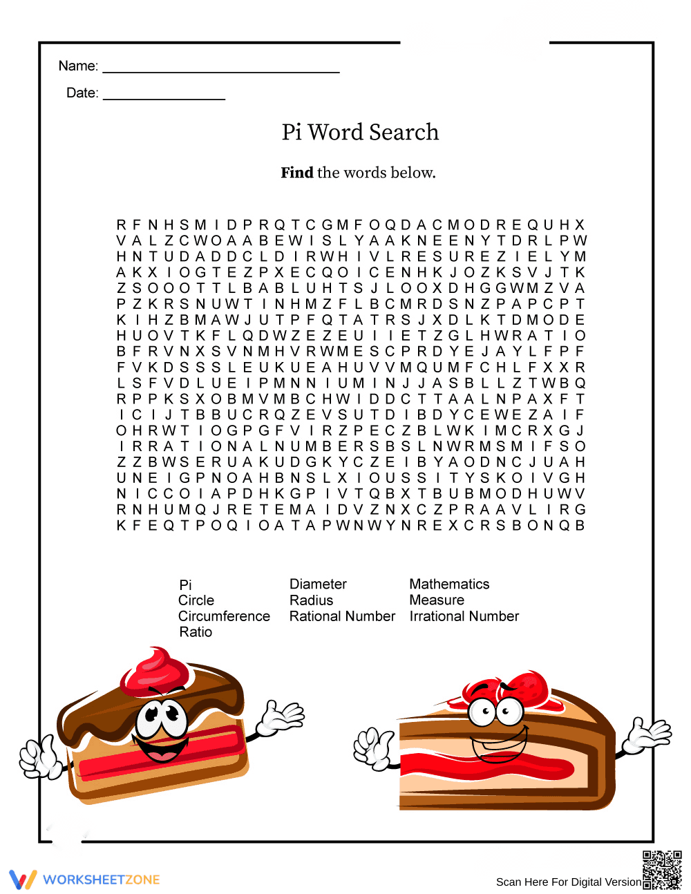 Fun Pi Wordsearch Puzzle to Solve - Page 1