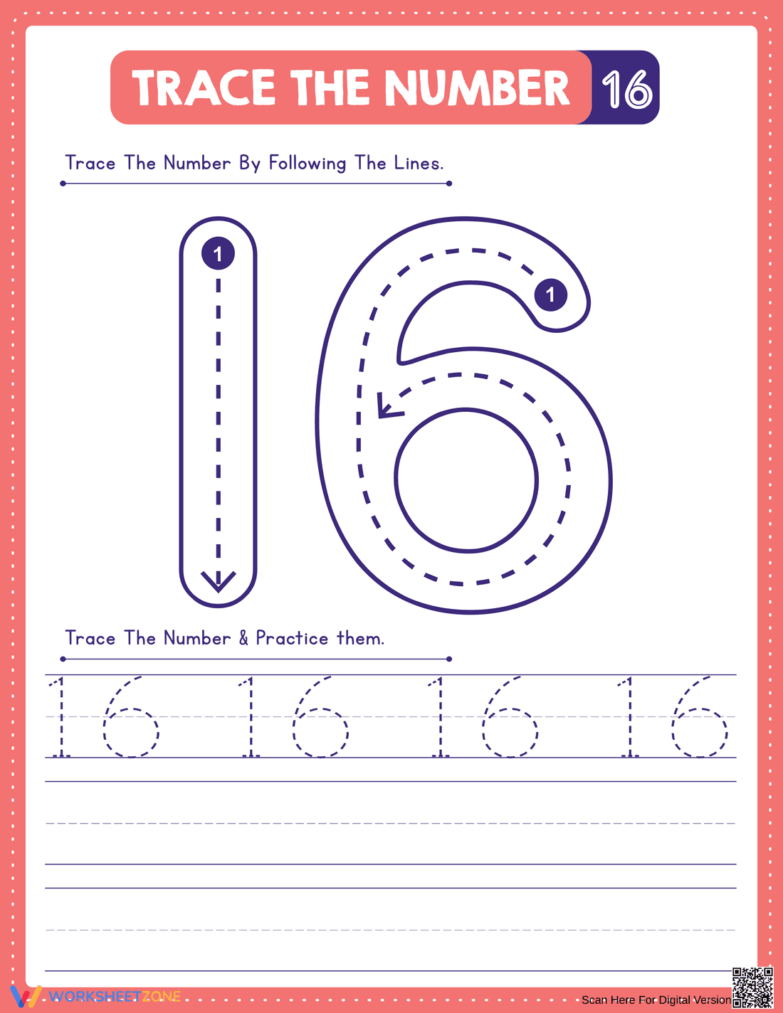 Learn with Tracing Number 16 Practice - Page 1