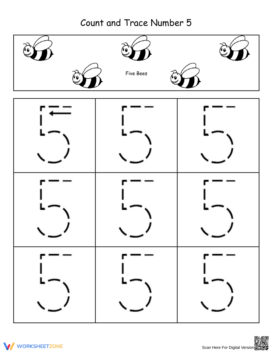 Number 5 Tracing Worksheet - Page 1