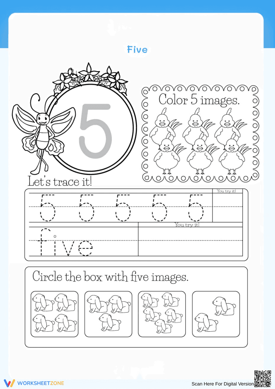 Trace Number 5: Handwriting Practice Worksheet - Page 1
