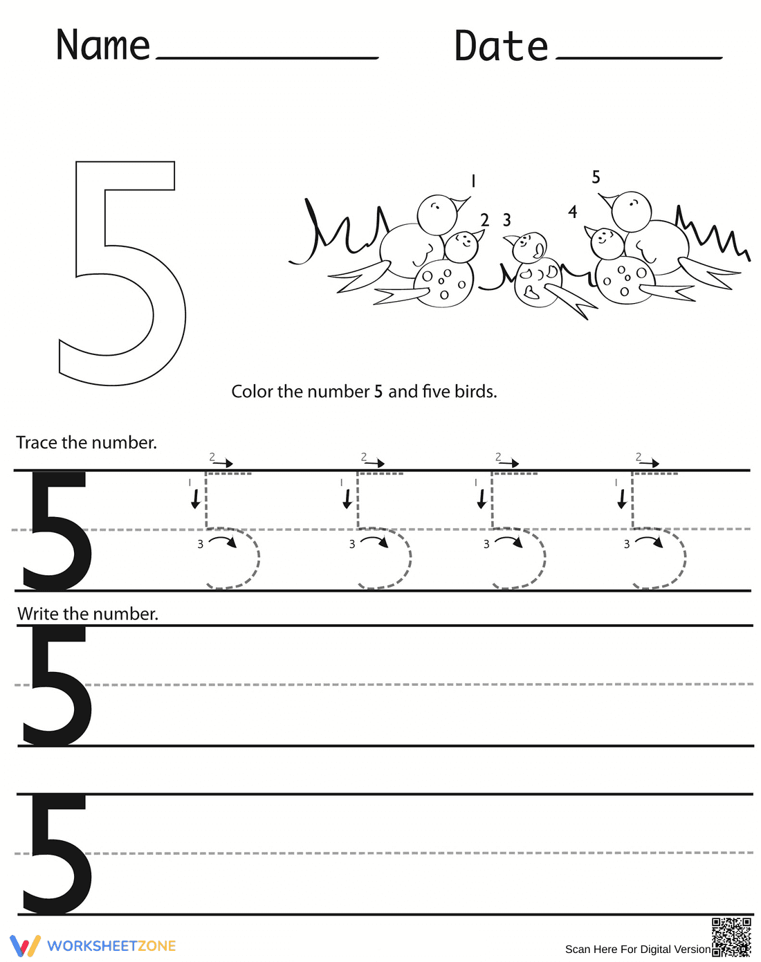 Trace Number 5: Handwriting Skills Worksheet - Page 1