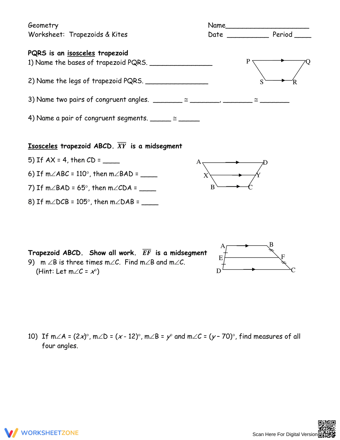 Geometry: Trapezoids and Kites Worksheet - Page 1
