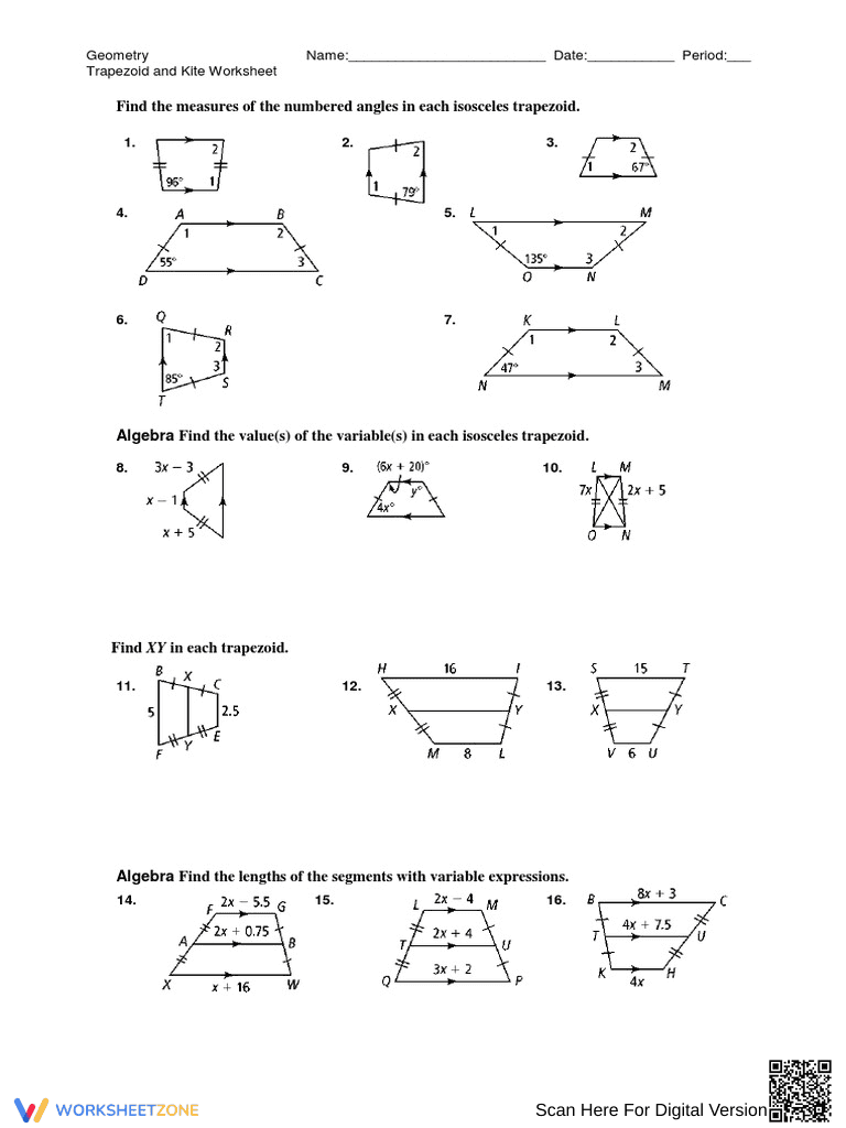 Trapezoids and Kites: Geometry Practice Worksheet - Page 1