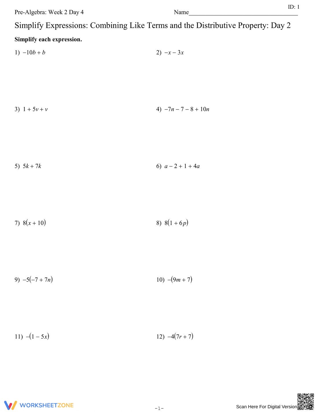 Combining Like Terms and Distributive Property - Page 1