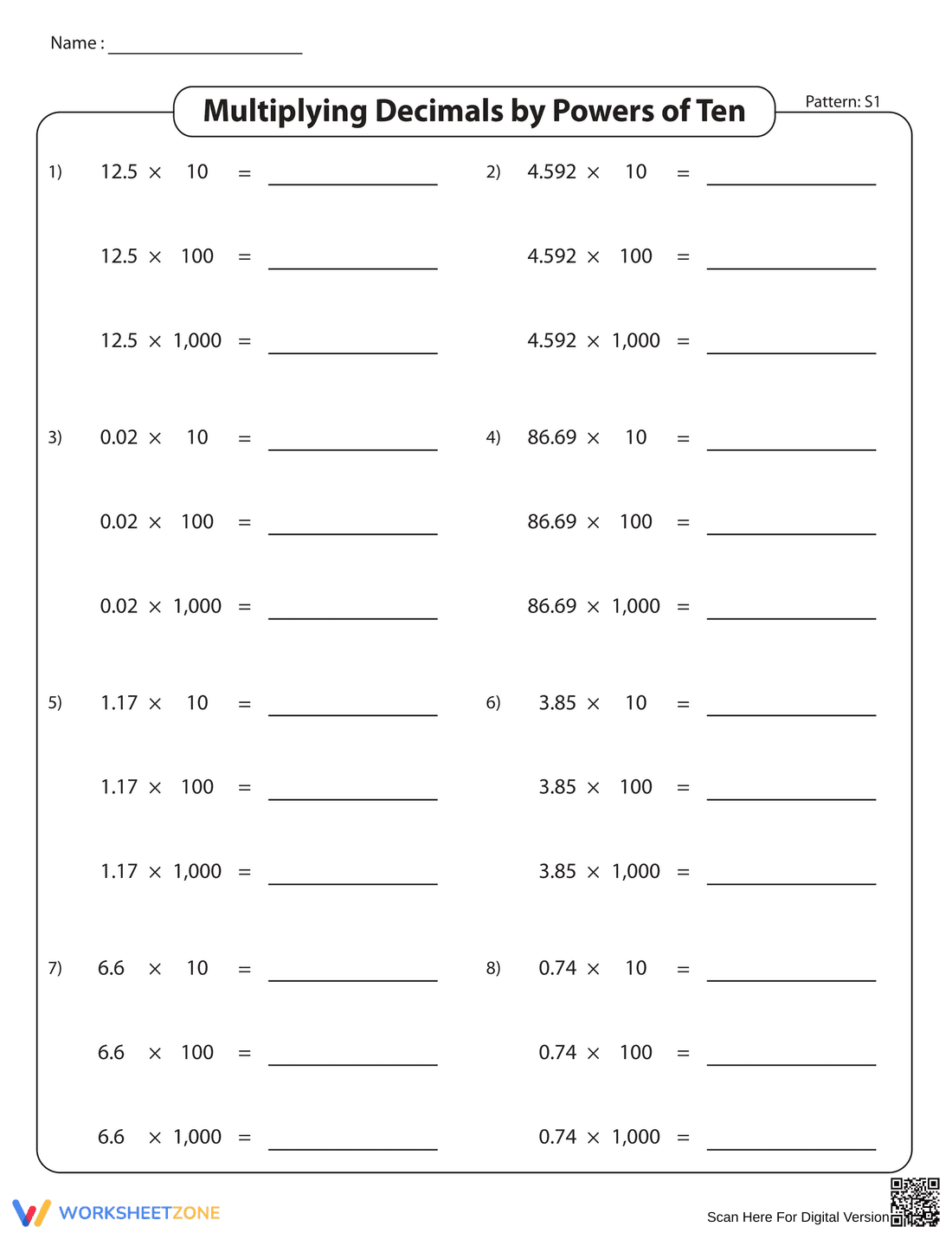 Multiply Decimals by Powers of Ten Worksheet - Page 1