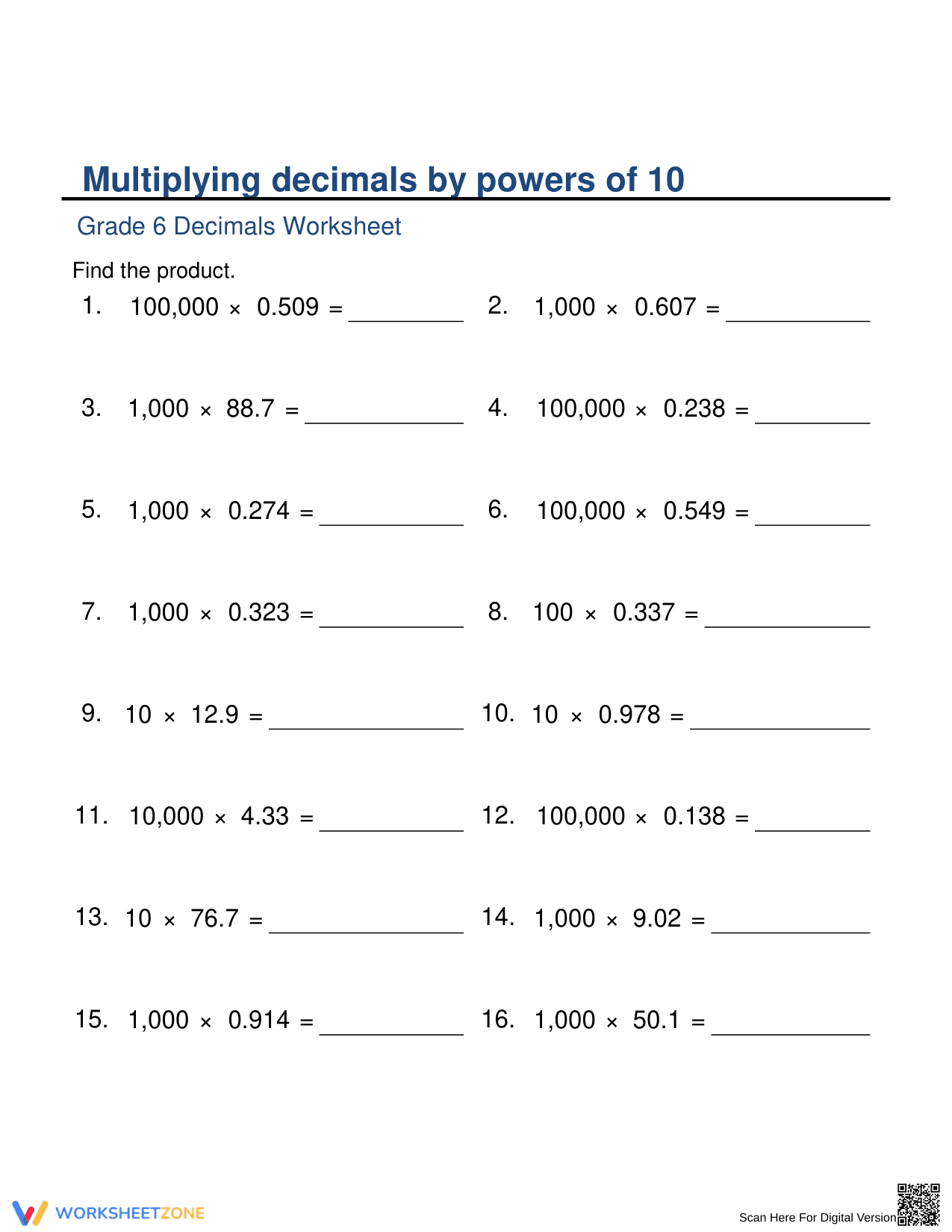 Multiplying Decimals by Powers of 10 Practice - Page 1