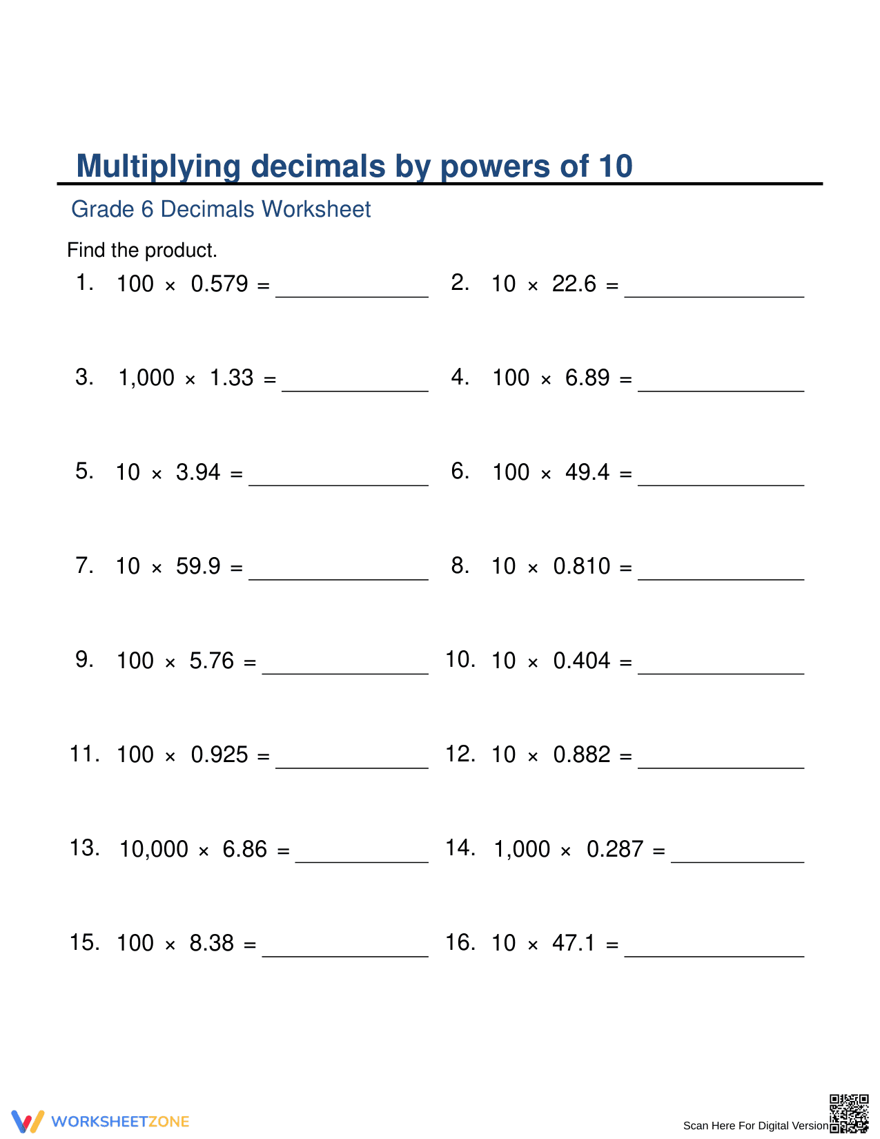 Multiplying by Powers of 10 Practice Sheet - Page 1